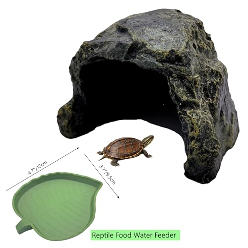 M2cbridge Aquarium Fish Hide Cave Reptile Hideout Cave Terrarium Amphibians Habitat Decor(Black Rock+ Water Dish) - style: Black Rock+ Water Dish