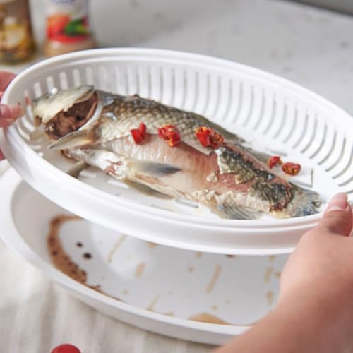 BESPORTBLE Professional Fish Steamer Plate with Lid for Microwave, Food Steaming Plate for Steamed Fish and Dumplings, Quick Heat Transfer and Water Retention, White Cooking Container