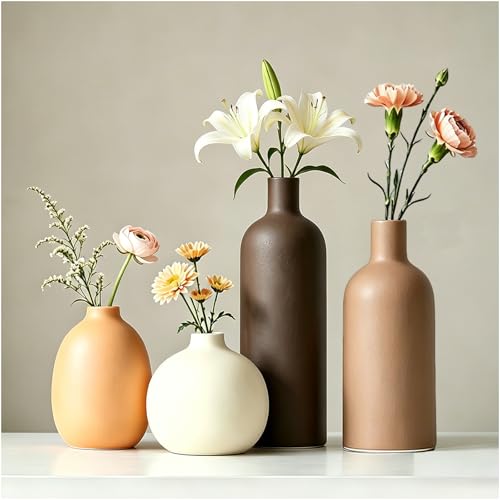 Upgraded Ceramic Vases Set for Home Decor, 4 Piece Modern Neutral Room Decor Desk Vase Bedroom Decor Flower Vase for Table Shelf Office Kitchen, Happy Birthday Gifts for Women Mom Men (Oval-4pcs) - color: Oval-4pcs