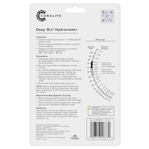 Coralife Aquarium Fish Tank Deep Six Hydrometer For Measuring Water Salinity PPT and Specific Gravity