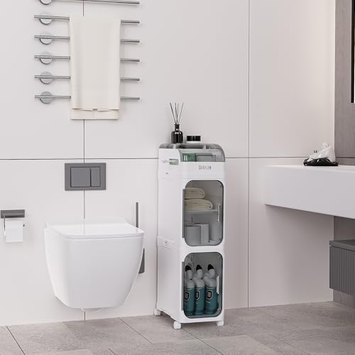 BINSIO 3-Tiers Toilet Paper Storage, Slim Bathroom Organizers and Storage, Bathroom Counter Organizer, Foldable Organizer Storage Cabinet, Portable Laundry Room Organization, Plastic White Clear Doors - size: 3 Tiers