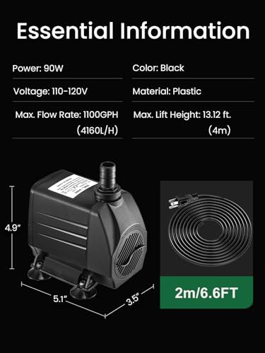 GROWNEER 1100GPH Submersible Pump 90W Fountain Water Pump 4100L/H, with 13ft High Lift, 4 Nozzles for Aquarium, Fish Tank, Pond, Hydroponics, Statuary, Garden, Black(1100GPH) - size: 1100GPH
