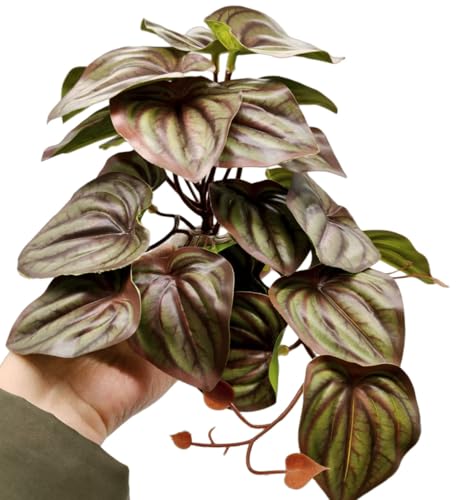 Reptile Plants for Terrarium Decor,Amphibian Habitat Decor,Artificial Plants for Gecko Chameleon Snake Tortoise Tank Accessories with Base (red Watermelon peperomia) - color: Red Watermelon Peperomia