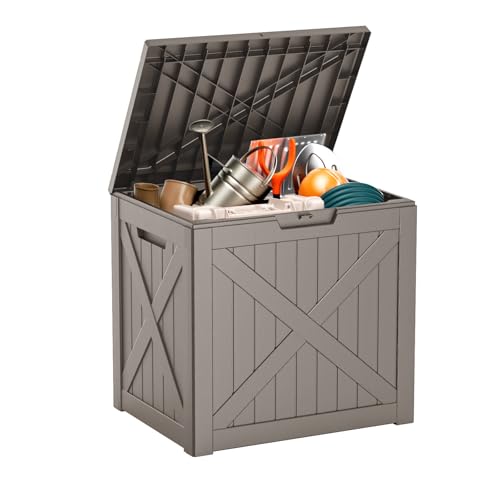 ROJIK Outdoor Storage Housing Deck Box - Waterproof Patio Furniture, Garden Tools, Cushions, Pool Accessories Storage Bench with Lockable Lid and Side Handles (Grey 38 Gal) - color: Grey, size: 38 Gallon