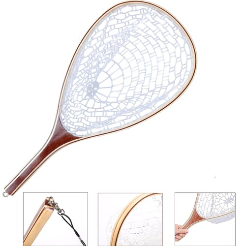 Fly Fishing Net, Trout Net, Wooden Frame Fly Fishing Landing Net with Soft Rubber Mesh for Catch and Release, Lightweight Fish Net for Trout Bass, Fly Fishing Gear for Stream Fishing - color: White-01, style: Rectangle Holes