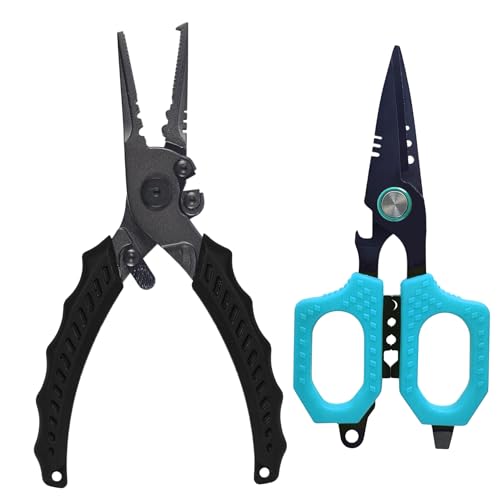 Eupheng Multi Function Fishing Pliers & Scissors Set 4.7" Titanium Coated,Saltwater Resistant Hook Remover with Safety Lock Split Ring Pliers & Fishing Shears for Braided Mono Fluorocarbon - style: pliers+ blue scissors