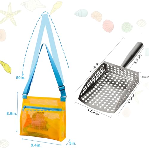 MUYIZI Sand Sifter Shovel with Mesh Beach Bag, Detachable Shell Scooper for Beach,Sand Scoop for Shell Collecting, Shark Teeth Sifter Dipper, Multi-Use Sifting Tool,Beach Toys for Kids (Blue+Yellow) - color: Blue+yellow