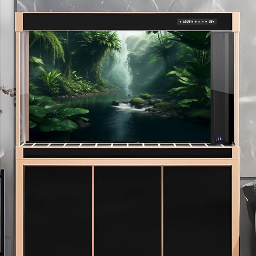 Jungle Aquarium Background Stream River Foggy Rainforest Terrarium Background Waterfall with Lush Green Jungle Plants Fish Tank Background Tranquil Natural Jungle Forest Aquarium Backdrop 24x12in - color: Tree Green, size: 24(W)x12(H)in