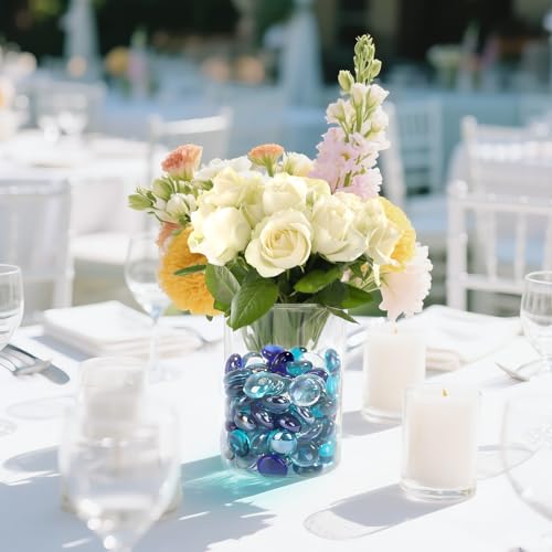 SUREAM Fireplace Glass Rock, 1 LB Multicolor Flat Glass Marbles for Vase Filler Table Scatter Aquarium Decor, Deep Blue, Blue, Transparent - color: Clear、blue、deep Blue