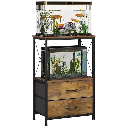 10 Gallon Aquarium Stand with 2-Tier Shelf Fish Tanks Stand with 2 Drawers Metal Frame Heavy Duty Reptile TurtleTank Stand with Storage for Home Offic Fish Tank Accessories Storage, Brown - color: Brown
