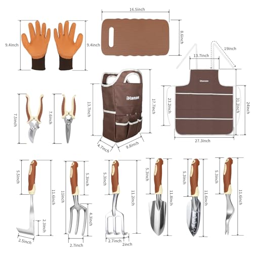 Brown Gardening Tools Set 12-Piece, Garden Hand Tool Kit with Non-Slip Ergonomic Handle, Storage Tote Bag, Garden Apron, Gloves and Kneeling Pad, Gardening Gifts for Women Men Plant Lover - style: Brown