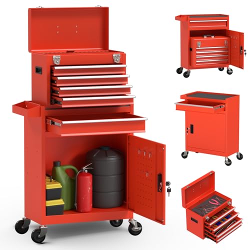 5-Drawer High Capacity Rolling Tool Chest, Removable Cabinet Storage Tool Box with Wheels and Drawers, Detachable Toolbox with Lock for Mechanics Garage Workshop and Tool Room (Red) - color: Red