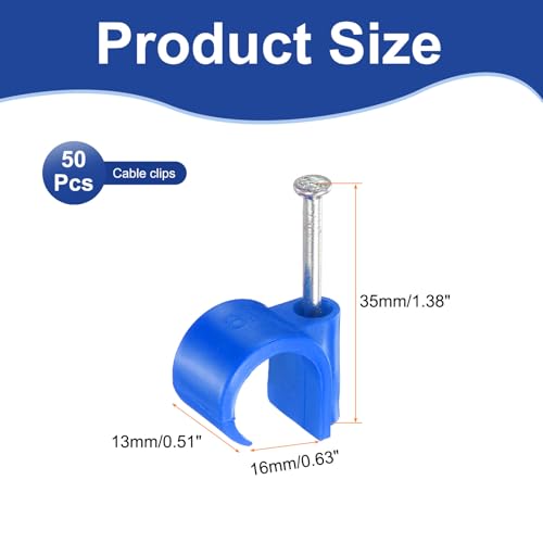 HARFINGTON 50pcs Cable Clips with Nail 16mm Circular Single Hook Half Clamp J-Hook with Nail Cord Clips for Wires on Wall for Ethernet Tacks Coax Pex Tubing Pipe Support, Blue - color: Blue, size: 16mm