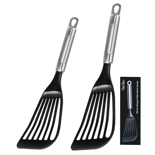 KSENDALO 2 Pack Thin Flexible Fish Spatula for Nonstick Cookware, Black | Egg Flipper Turner, Hollow Steel Handle Slotted Angled LFGB Complaint Nylon Blade, Dishwasher Safe