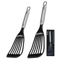 KSENDALO 2 Pack Thin Flexible Fish Spatula for Nonstick Cookware, Black | Egg Flipper Turner, Hollow Steel Handle Slotted Angled LFGB Complaint Nylon Blade, Dishwasher Safe