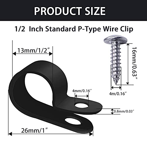 mankk 50PCS 1/2 Inch Rope Light Clips P-Style Mounting Clips Plastic Cable Clamps with Compatible Stainless Steel Pan Head Phillips Screws for Wire Management M-030-BK-LS - size: 50 Pack 1/2Inch