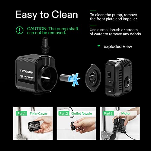 VIVOSUN 210GPH Submersible Pump(800L/H, 8W), Ultra Quiet Water Pump with 3.3ft High Lift, with 5ft Power Cord, 2 Nozzles for Fish Tank, Pond, Aquarium, Statuary, Hydroponics Black - size: 210GPH