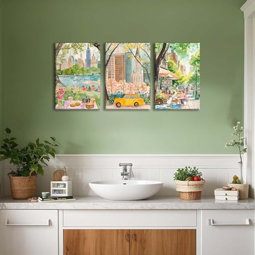 XLARTMY New York City Poster Travel Wall Art Canvas Framed Watercolor NYC Central Park Landmarks Artwork Decor Painting Prints Pictures Set of 3 for Bedroom Living Room Bathroom Office 16x24in - color: Watercolor City, size: 16x24in Canvas