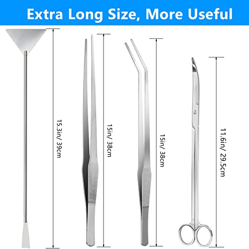Aquarium Aquascape Tools Kit 15in, 4 in 1 Anti-Rust Aquatic Plant Aquascaping Tool Stainless Steel Tweezers Scissor Spatula for Aquarium Tank Clean Fish Tank Aquascape Accessories Set(Silver) - color: Silver