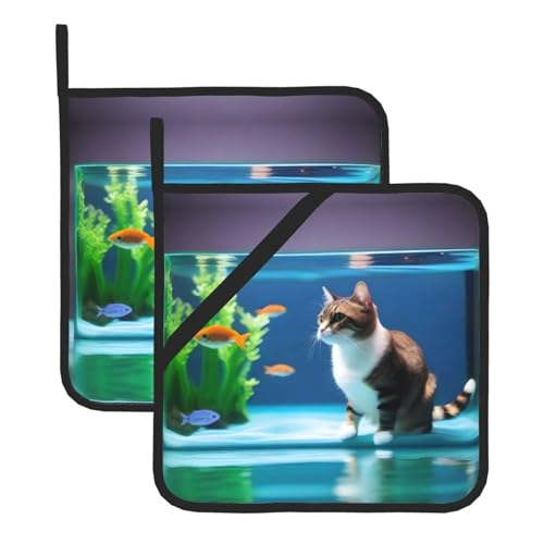 Cat in Aquarium Square Insulated Pot Mats Set of 2 Anti-Scald Heat Insulation BBQ & Microwave Use, Perfect for Home Chefs