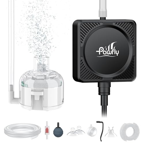 Pawfly Mini Aquarium Air Pump, Ultra Quiet 1.3W Oxygen Aerator for Nano Fish Tanks 1-15 Gallons, Compact Bubbler with Sponge Filter, Airline Tubing and Air Stone - size: Air Pump Set + Filter