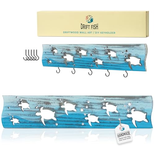 Sea Turtle Driftwood Wall Art & DIY Key Holder – Handmade Coastal Home Decor – 17.5" Genuine Weathered Wood Plank with 5 Removable Hooks for Keys, Leashes, and Jewelry – Beach House Entryway Organizer (Turtle Bay) - style: Turtle Bay