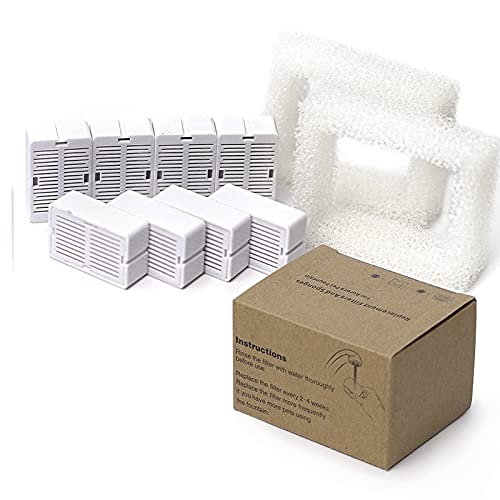 Cat Water Fountain Replacement Filter, 8 Pack Cat Fountain Carbon Filters and 2 Pack Foam Filters for Ceramic Pet Drinking Fountain and Stainless Steel Pet Water Fountain (8+2 Pack)