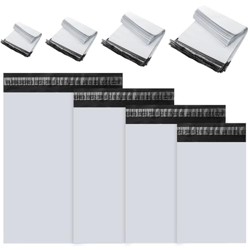 ZAVOOS 200 Pieces Poly Mailers, Strong Adhesive Plastic Shipping Bags for Small Business, Waterproof Tear-Resistant White Mailing Envelopes for Packaging Clothing, Books, 4 Assorted Sizes