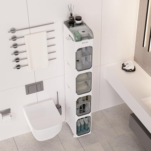 BINSIO 5-Tiers Slim Bathroom Organizers and Storage, Bathroom Counter Organizer, Toilet Paper Storage, Foldable Organizer Storage Cabinet, Portable Laundry Room Organization, Plastic White Clear Doors - size: 5 Tiers