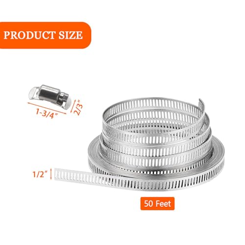 Dianrui DIY Hose Clamps 50FT 304 Stainless Steel Metal Strap + 24PCS Stronger Fasteners Assortment Kit Softsteel Large Adjustable Pipe Clamps Band Clamp for Pipe Automotive Mechanical - size: 50FT
