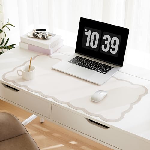 Scalloped Desk Mat, 31.5" x 15.7" Large Cute Aesthetic Desk Accessories, PU Leather Computer Laptop Desk Mouse Keyboard Pad, Desk Writing Mat for Vanity/Work/Home Decor (Beige, 31.5" x 15.7") - color: Beige, size: 31.5" x 15.7"