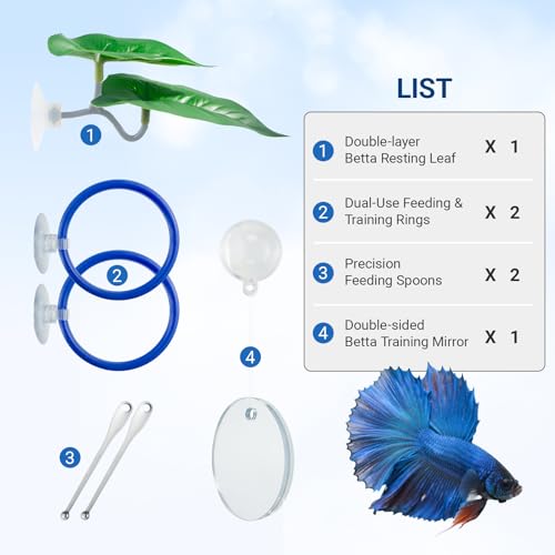 Betta Fish Toy Set: Betta Training Floating Mirror, Training/Feeding Ring, Spoon, and Resting Leaf. Promotes Exercise. Betta Toys, Resting & Feeding Kit.