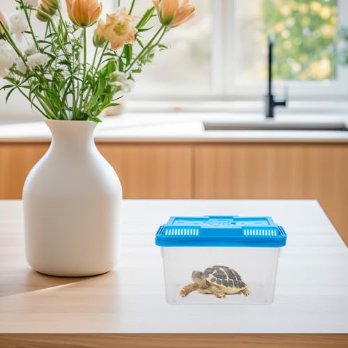 Portable Small Turtle Tank with Lid, Plastic Aquarium Terrarium for Reptiles and Betta Fish, Medium Blue Fish Breeding Box with Handle for Travel and Pet Transport