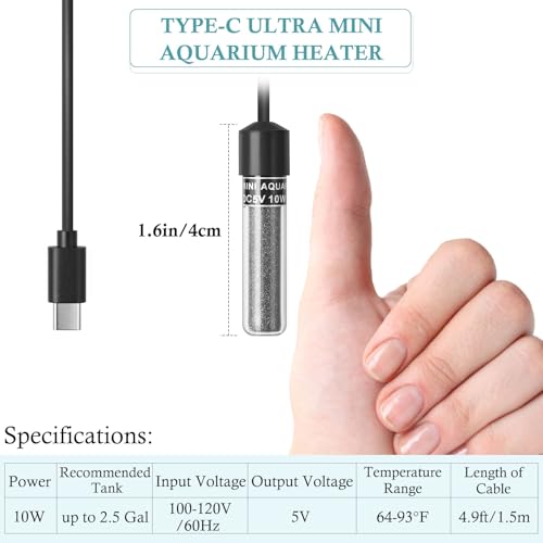 Mini Type-C Aquarium Heater, Small Adjustable Heater with External Controller for up to 2.5Gallon Small Fish Tank, Nano Fish Tank Heater, Betta Heater for Fish Bowls