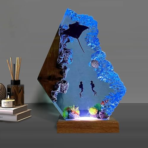 Handmade 3D Ocean Resin Lamp - USB Powered Resin Ocean Night Light with Wooden Base, Variable Lights, Scuba Diver Gifts, Diving Enthusiast Collectibles, Unique Birthday Holiday Gifts for Men & Women - color: Scuba Diver-1, size: S