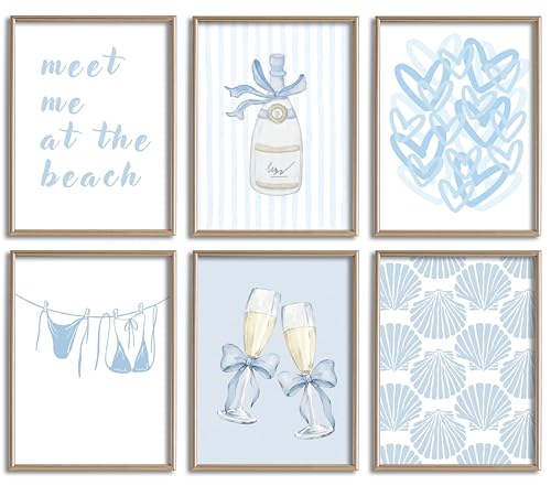 Gschupy Coastal Wall Art Set of 6, Light Blue Beach Decor Pictures with Champagne & Shell Pattern, Unframed Poster Canvas Prints for Bedroom Living Room, Summer Vacation Coastal Home Decor 8x10 Inch - color: Champagne, size: 8x10in