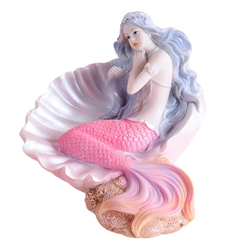 Rayberro 4.53" Mermaid Figurines Resin Pink Mermaid Sculpture Mediterranean Princess Statue Ornaments Home Office Desktop Bookshelf Decor Mermaid Collectible Crafts Fish Tank Aquarium Decoration - color: Pink Shell