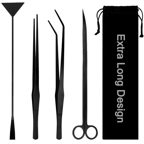 15Inch Extra Long Design Aquarium Aquascaping Tool Stainless Steel Aquascape Tools Kit 4 in 1 Anti-Rust Fish Tank Starter Kit with Long Tweezers Scissors Spatula for Aquarium Plants (Black) - color: Black