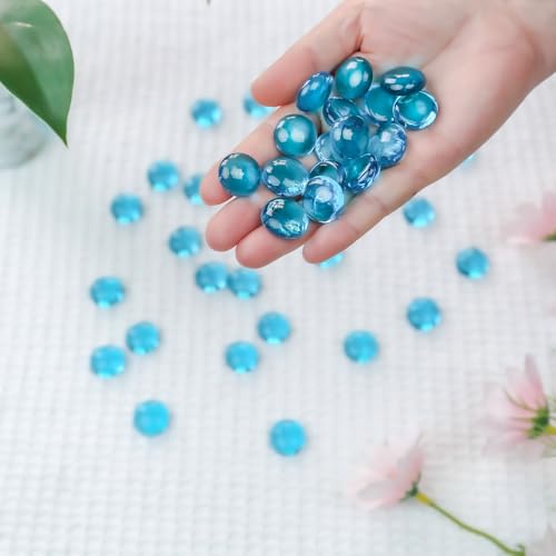 CYS EXCEL Light Blue Glass Gemstone Beads Vase Fillers (1 LB) Flat Marble Beads Multiple Color Choices Aquarium Decor Rocks Floral Stones Decorative Mosaic Glass Gem Pebbles (Approx. 85~100 PCS) - color: Light Blue, size: 1 lb