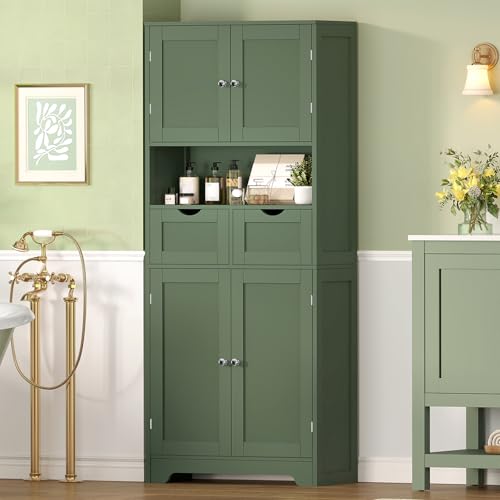 TEENFON 57.8" H Tall Bathroom Storage Cabinet with 2 Drawers & 2 Adjustable Shelves, Floor Cabinet with 4 Doors, Tall Cabinet for Living Room, Dining Room, Entryway, Forest Green - color: Forest Green 2 Drawers