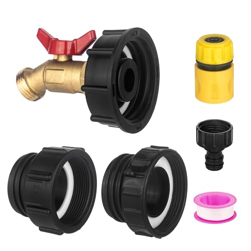 wantmatch IBC Tote Hose Adapter 275-330 Gallon IBC Tote Water Tank Fittings,1/2" NPT x 3/4" GHT Brass Garden Hose Valve with 3 Adapter,Apply to IBC Containers, Ton Barrels - color: Red handle Valve