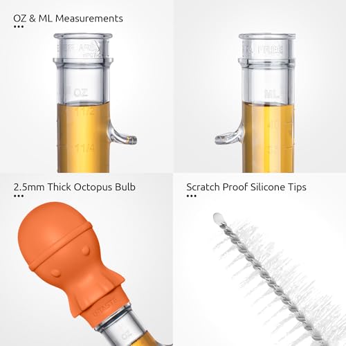 U-Taste 1.5oz Angled Turkey Baster - 228.2ºF Heat Resistant Food Grade Tritan and Silicone Large Octopus Bulb Baster Set with Cleaning Brush for Cooking Basting Meat Poultry Beef Chicken (Orange) - color: Orange
