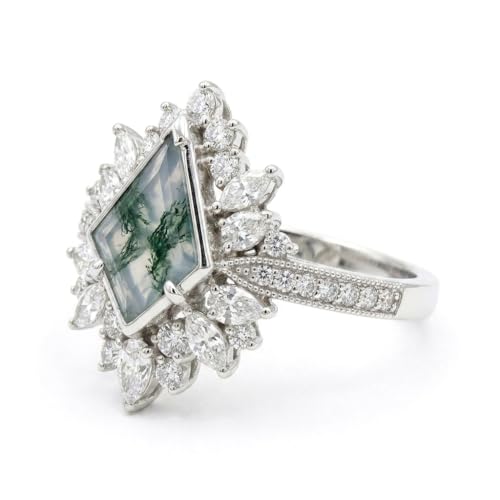 Natural Moss Agate Engagement Ring Set for Women, Unique Genuine Moss Agate Ring, 925 Sterling Silver 10K 14K 18K Solid Gold Nature Inspired Bridal Set, Boho Wedding Jewelry Gift - color: Seven