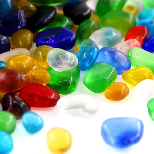 Rainbow Glass Stones, 1Lb/460g Irregular Sea Glass Pebbles Non-Toxic Artificial Crystal Stones for Handmade Artwork/Vase Filler/Terrarium Flowerpot Aquarium Turtle Tank Decoration, Multicolored