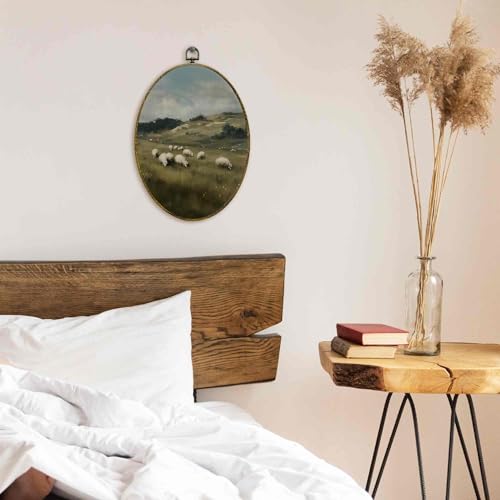 XFCICRLJ Vintage Farmhouse Sheep Wall Art Decor, Rustic Countryside Oval Canvas Prints Framed, Cottagecore Landscape Farm Animals Wall Art Decorations for Home Bedroom Living Room Decor, 11x8.5 Inch - color: Sheep 05