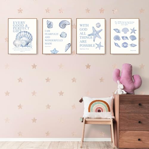 LARTSFRO Beach Ocean Blue Christian Bible Wall Art Decor Posters, Coquette Shells Christian Room Bathroom Bedroom Dorm Wall Art Decor Aesthetic for College Teen Girls Gifts, Inspirational Bible Verses Wall Decor, 10x8 Inch Set of 4 Pcs Summer Beach Pictur