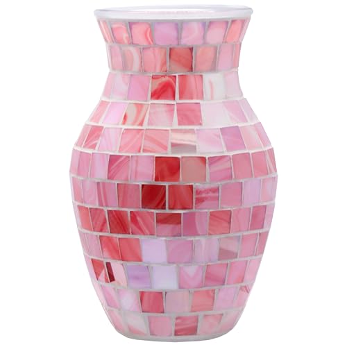 8" Pink Agate Mosaic Vase, Handmade Textured Glass Flower Vase, Romantic Rose Glass Centerpiece for Bedroom, Bathroom, Coastal Home Decor & Valentine's Day Gift - color: Pink Agate