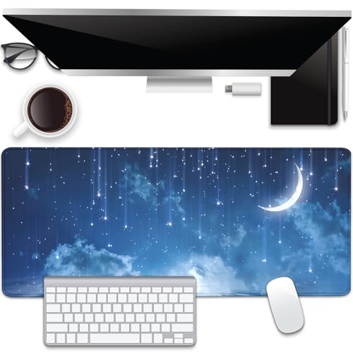 Blue Sky Stars Moon Desk Pad Mouse Pad,Large XL Meteor Showers Mouse Mat with Stitched Edges,Non-Slip Rubber Base Mousepad for Office PC Keyboard Laptop and Home Work Desk Mat(27.5X11.8 in) - color: blue sky stars moon