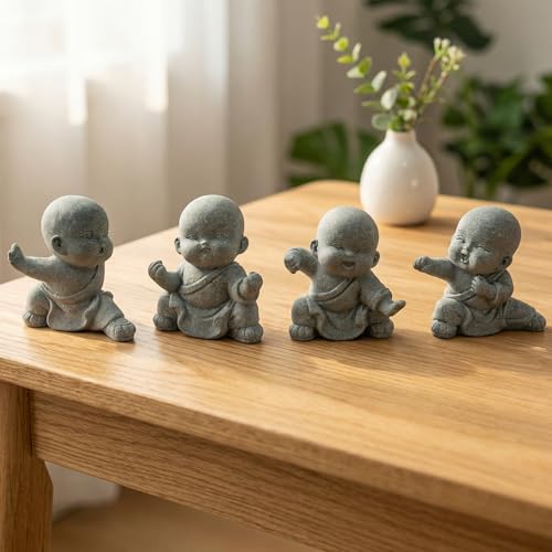 4pcs Mini Buddha Statue, Small Aquarium Decoration, Feng Shui Zen Monk Sandstone Sculpture, Cute Fish Tank Ornament for Home Garden