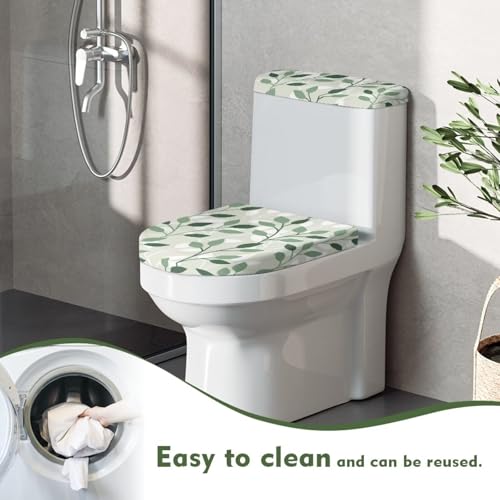 Polyester Toilet Lid Cover and Toilet Tank Lid Cover 2 Pcs, Durable Fabric Dust Cover with Elastic Edge Bathroom Decor Fit Most Round Elongated Oblong Lids, Green Leaves - color: Green Leaves